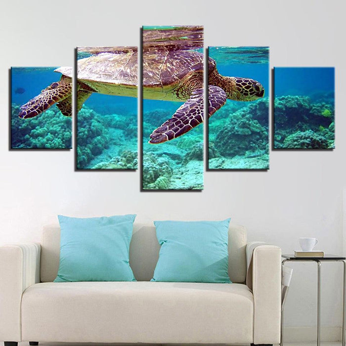 Blue Sea Turtle 5 Piece HD Multi Panel Canvas Wall Art Frame