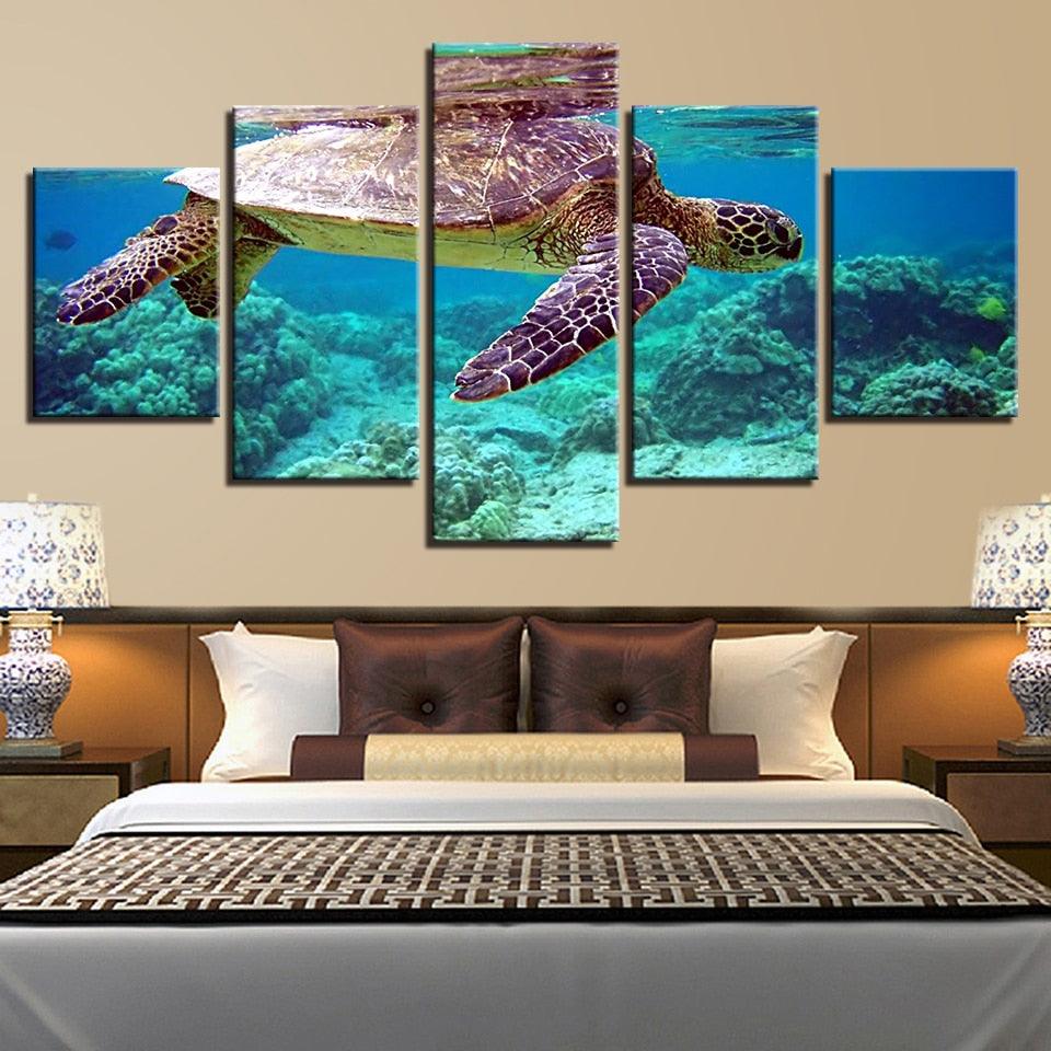 Blue Sea Turtle 5 Piece HD Multi Panel Canvas Wall Art Frame - Original Frame