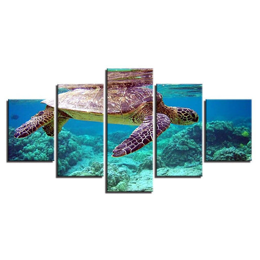 Blue Sea Turtle 5 Piece HD Multi Panel Canvas Wall Art Frame - Original Frame