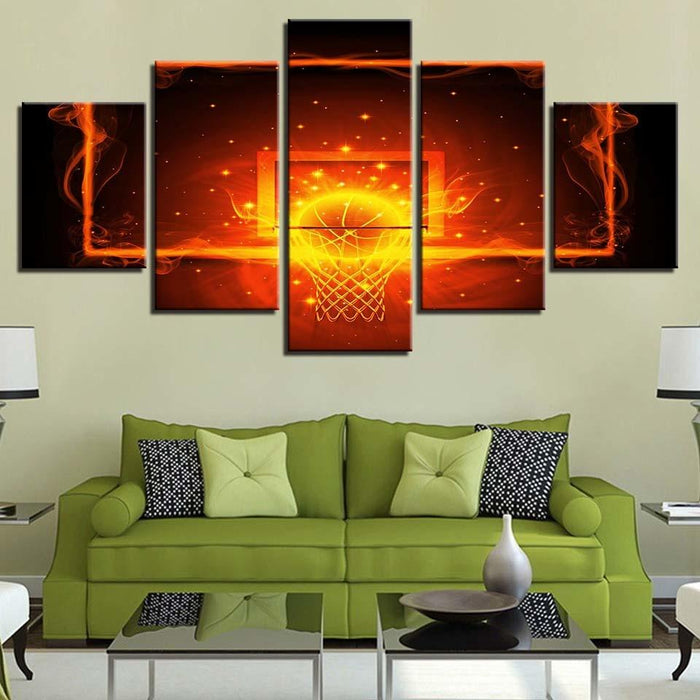 Fire And Ball Hoop Basketball 5 Piece HD Multi Panel Canvas Wall Art Frame - Original Frame