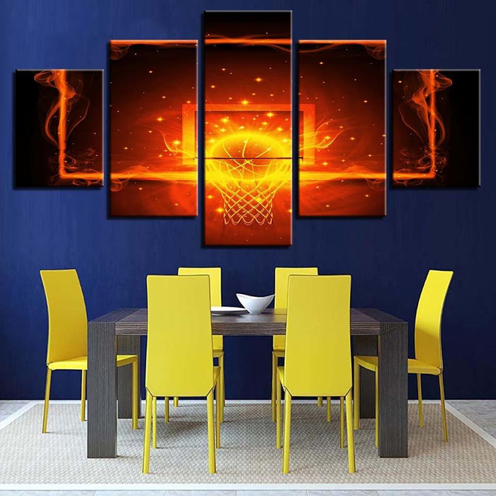 Fire And Ball Hoop Basketball 5 Piece HD Multi Panel Canvas Wall Art Frame - Original Frame