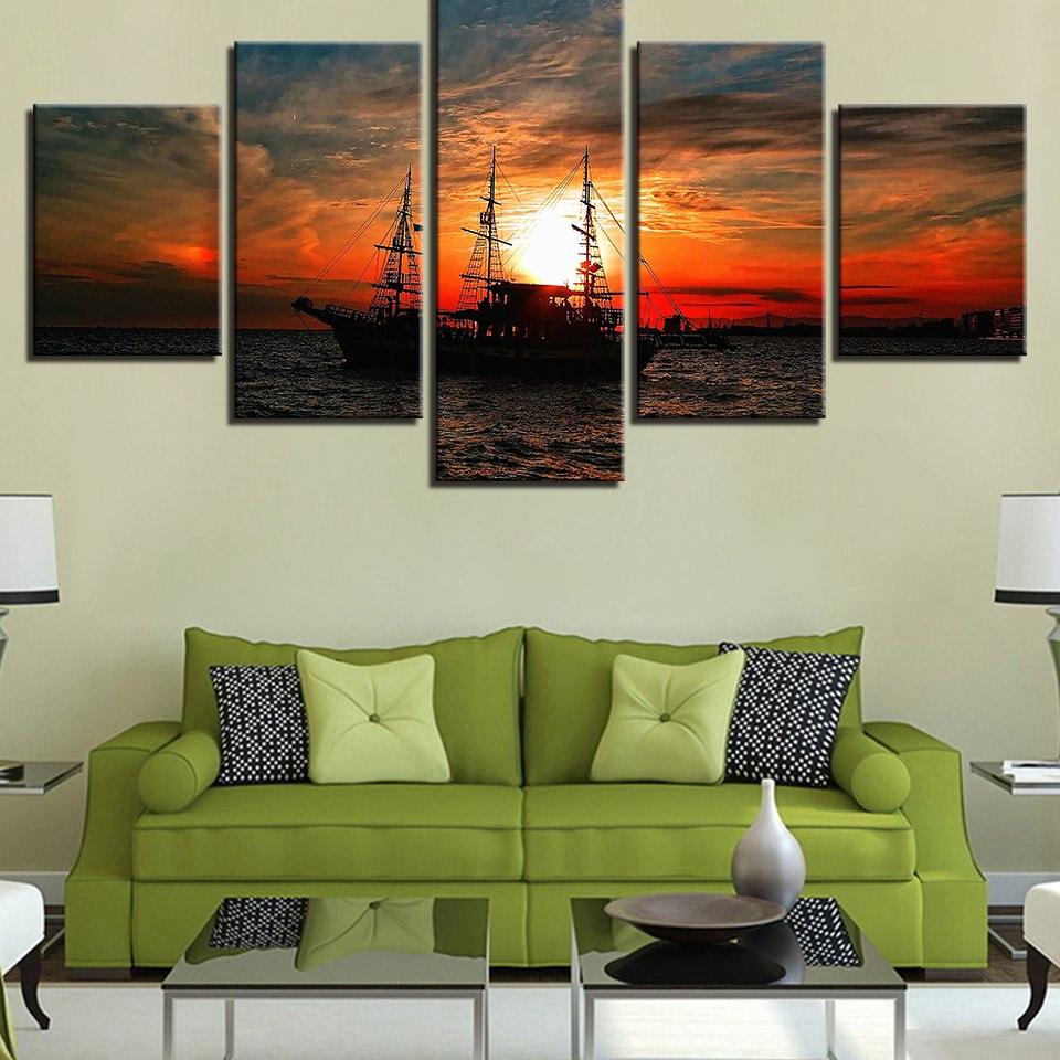Sailing Under The Sunset 5 Piece HD Multi Panel Canvas Wall Art Frame - Original Frame