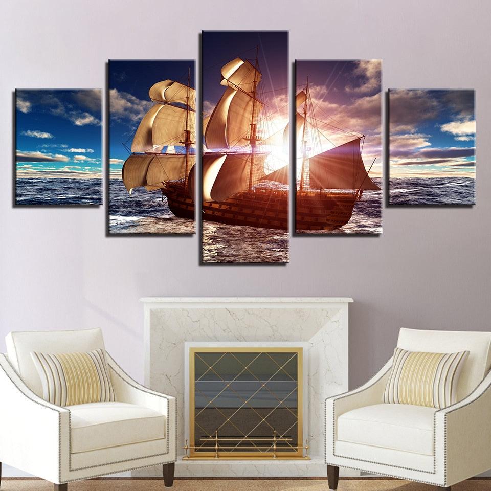 Sunlit Sailboat 5 Piece HD Multi Panel Canvas Wall Art Frame - Original Frame