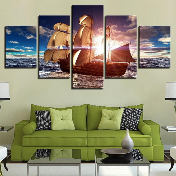 Sunlit Sailboat 5 Piece HD Multi Panel Canvas Wall Art Frame - Original Frame