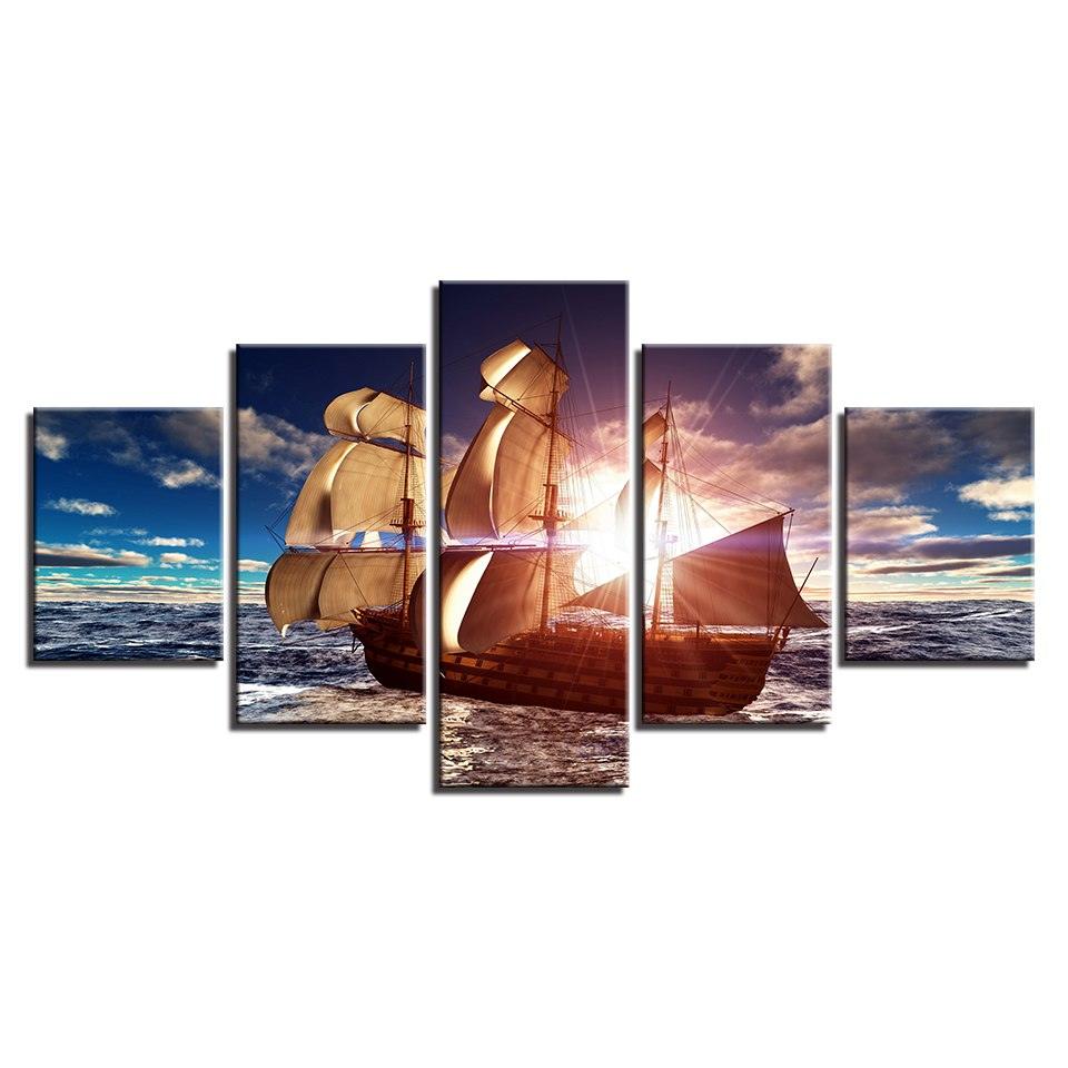 Sunlit Sailboat 5 Piece HD Multi Panel Canvas Wall Art Frame - Original Frame