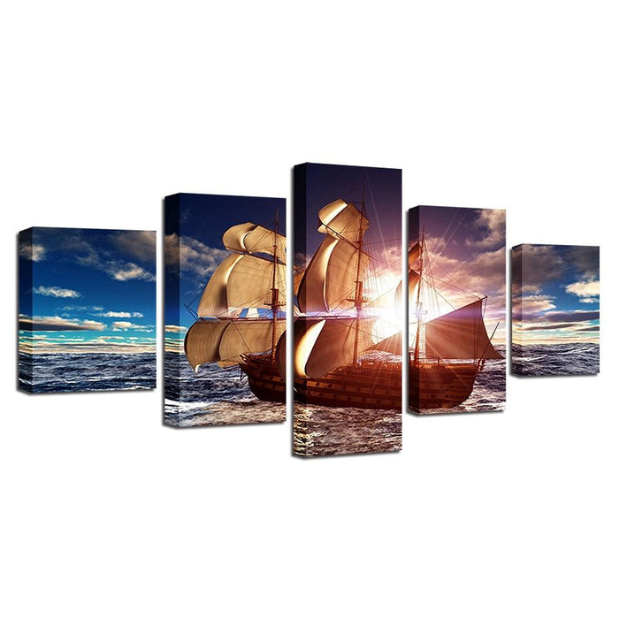 Sunlit Sailboat 5 Piece HD Multi Panel Canvas Wall Art Frame - Original Frame