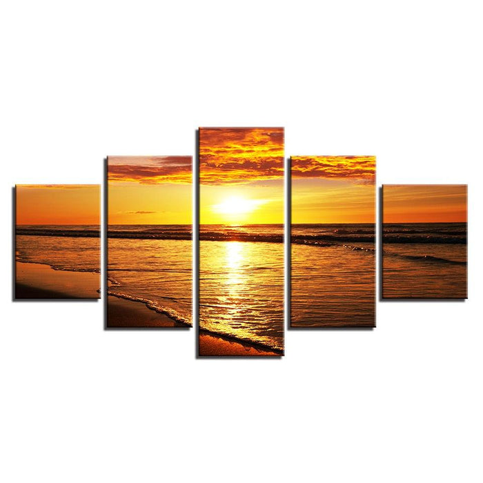 Sunset Beach Waves 5 Piece HD Multi Panel Canvas Wall Art Frame - Original Frame