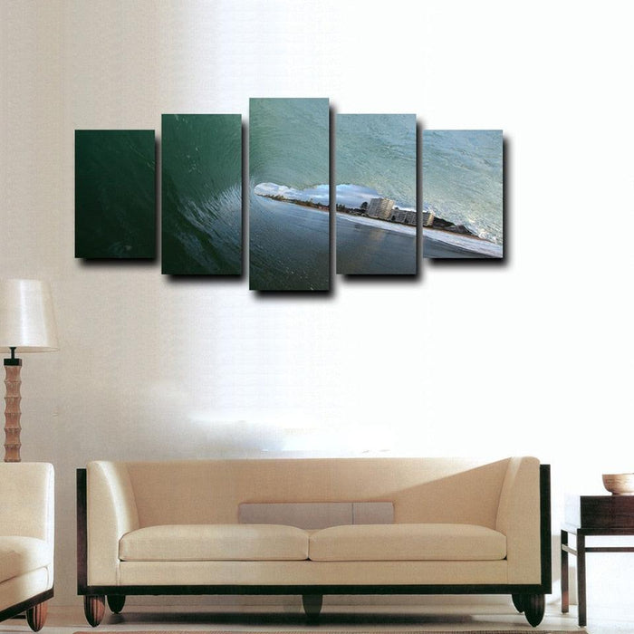 Wave And City 5 Piece HD Multi Panel Canvas Wall Art Frame - Original Frame