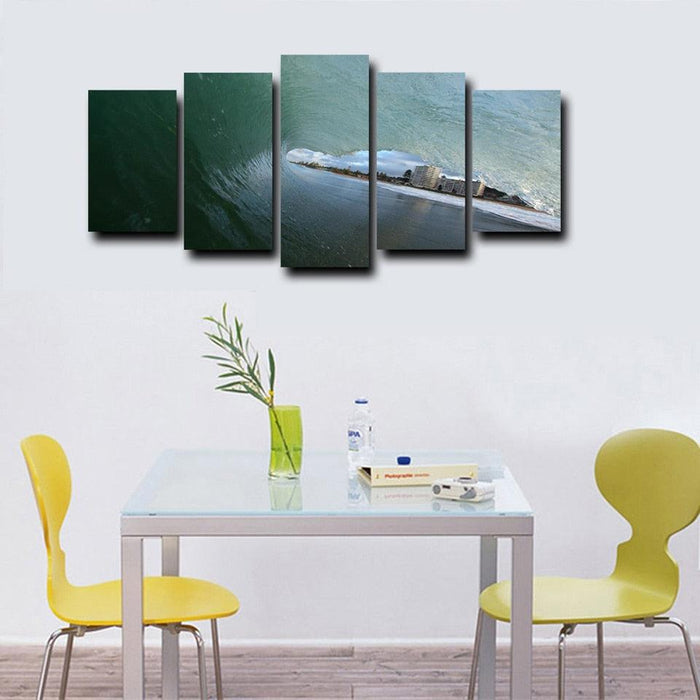 Wave And City 5 Piece HD Multi Panel Canvas Wall Art Frame - Original Frame