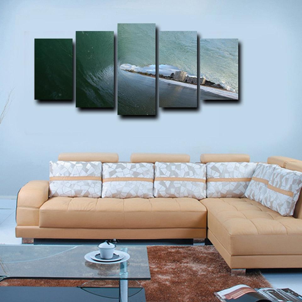 Wave And City 5 Piece HD Multi Panel Canvas Wall Art Frame - Original Frame