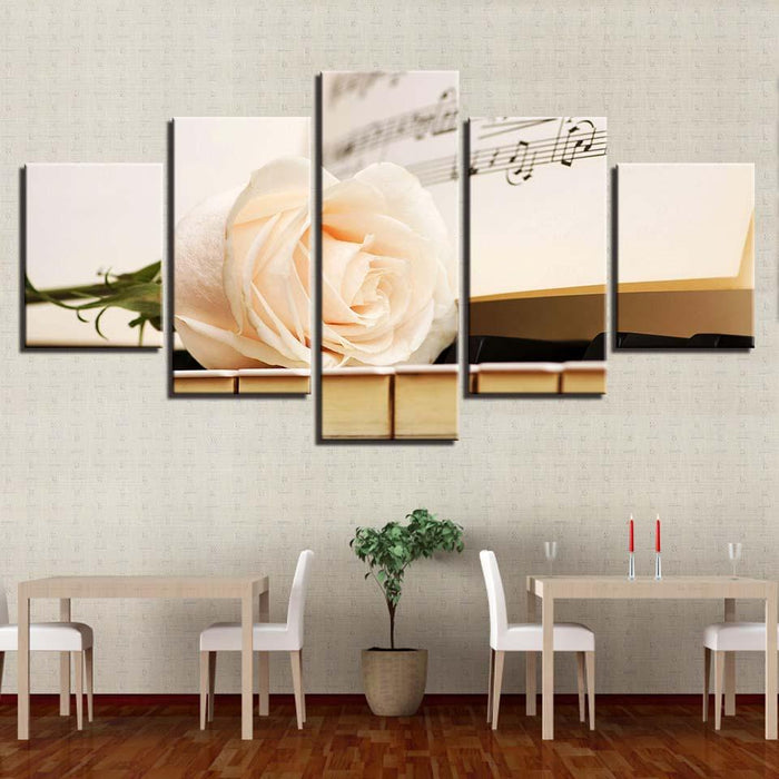 Champagne Rose And Piano 5 Piece HD Multi Panel Canvas Wall Art Frame