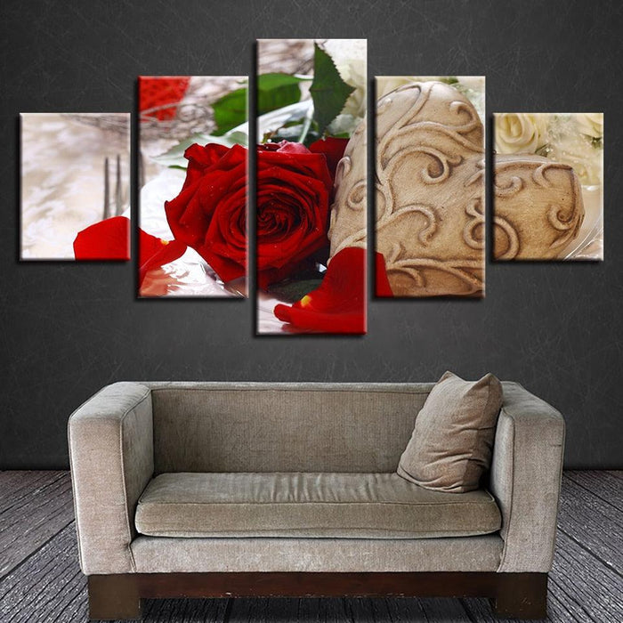 Red Rose Flower And Heart 5 Piece HD Multi Panel Canvas Wall Art Frame