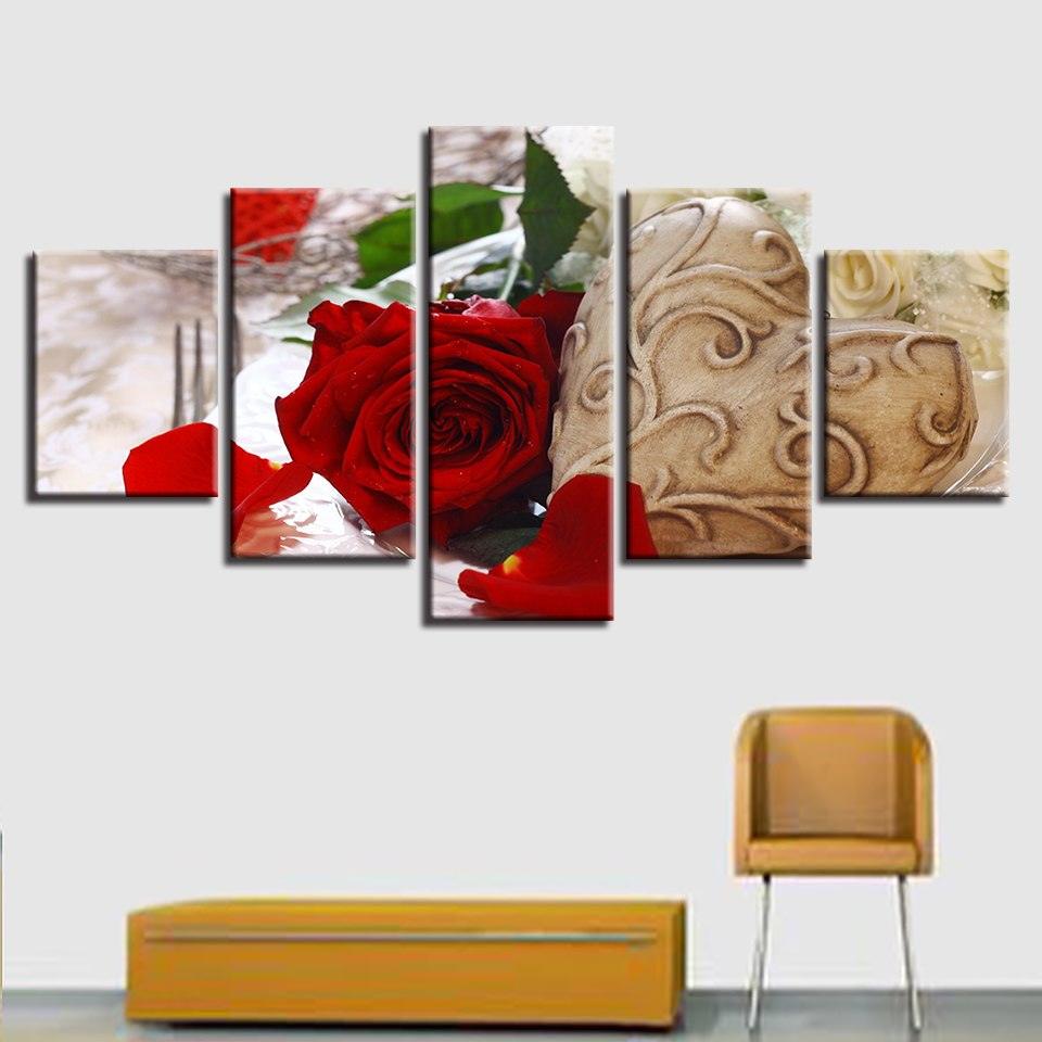 Red Rose Flower 5 Piece HD Multi Panel Canvas Wall Art Frame - Original Frame