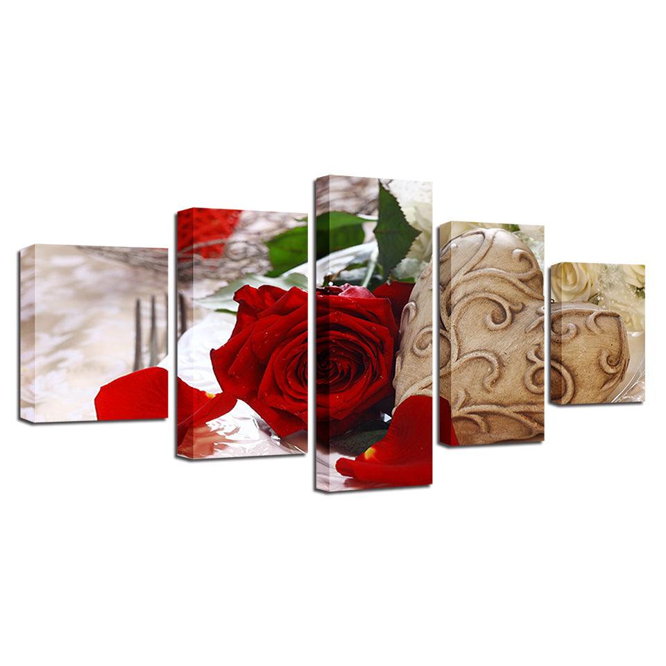 Red Rose Flower 5 Piece HD Multi Panel Canvas Wall Art Frame - Original Frame