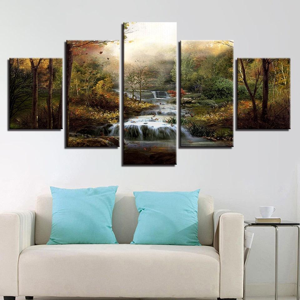 Forest Waterfalls Streams 5 Piece HD Multi Panel Canvas Wall Art Frame - Original Frame