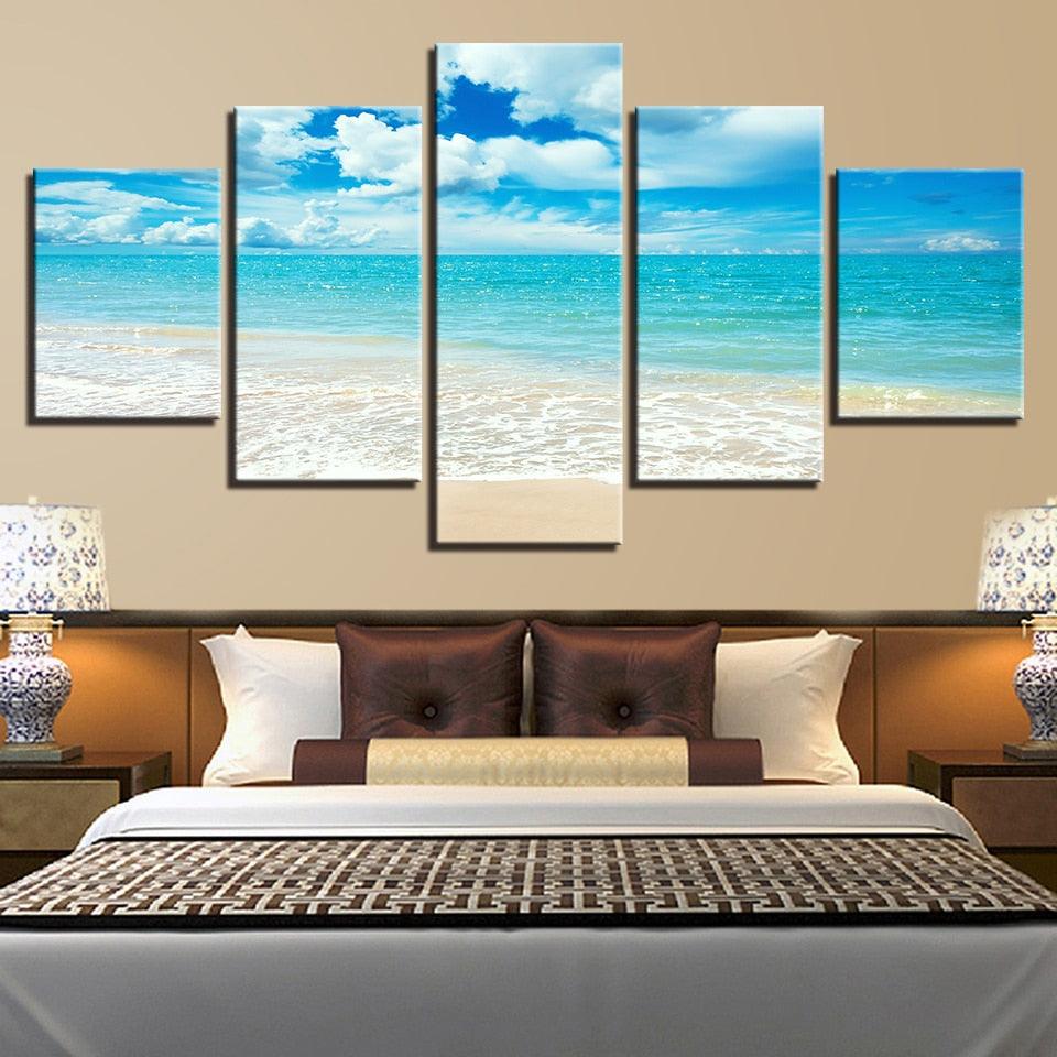 Blue Sea Waves on Beach 5 Piece HD Multi Panel Canvas Wall Art Frame - Original Frame