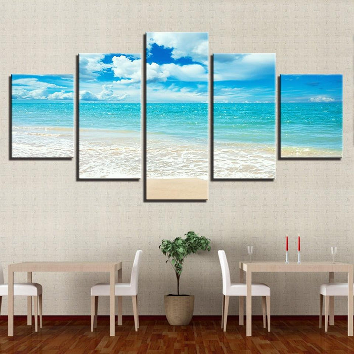 Blue Sea Waves on Beach 5 Piece HD Multi Panel Canvas Wall Art Frame