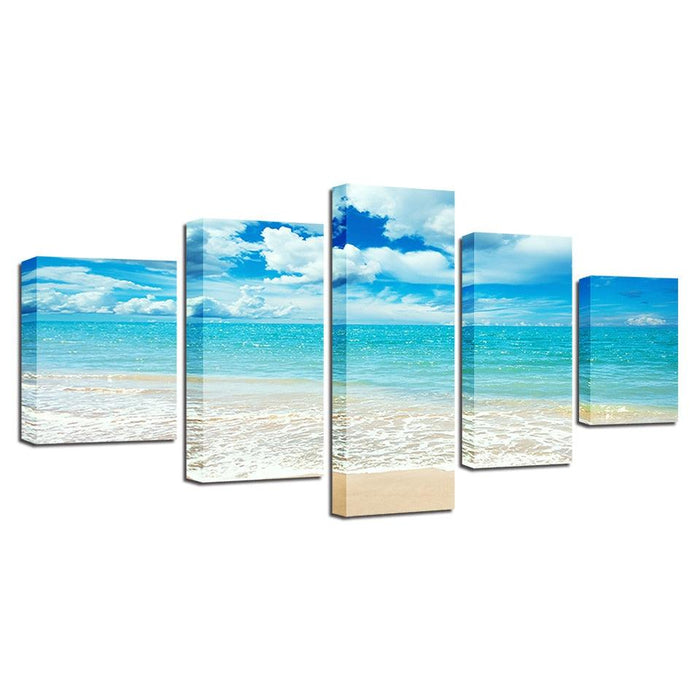 Blue Sea Waves on Beach 5 Piece HD Multi Panel Canvas Wall Art Frame