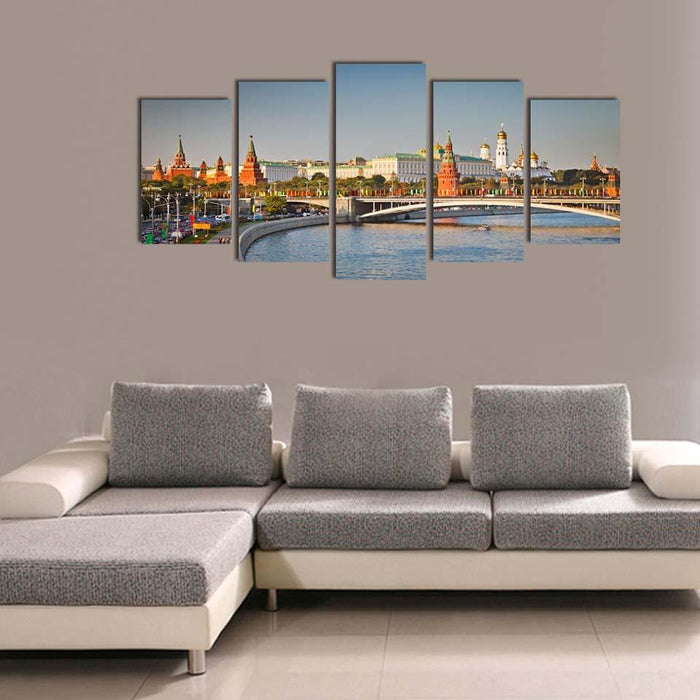 Bridge Building Landscape 5 Piece HD Multi Panel Canvas Wall Art Frame - Original Frame