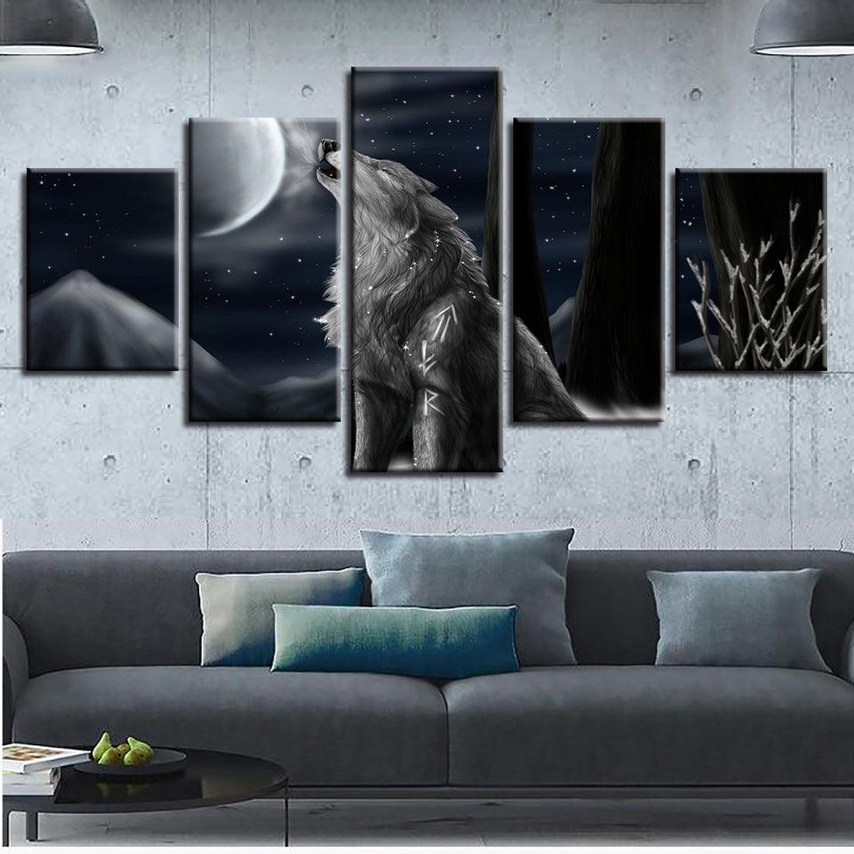 Moon Night Wolf Howl 5 Piece HD Multi Panel Canvas Wall Art Frame - Original Frame