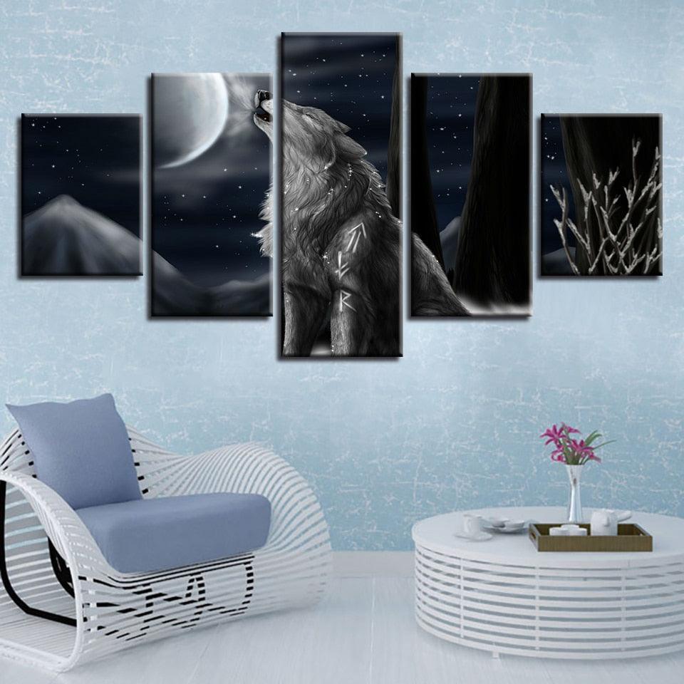 Moon Night Wolf Howl 5 Piece HD Multi Panel Canvas Wall Art Frame - Original Frame