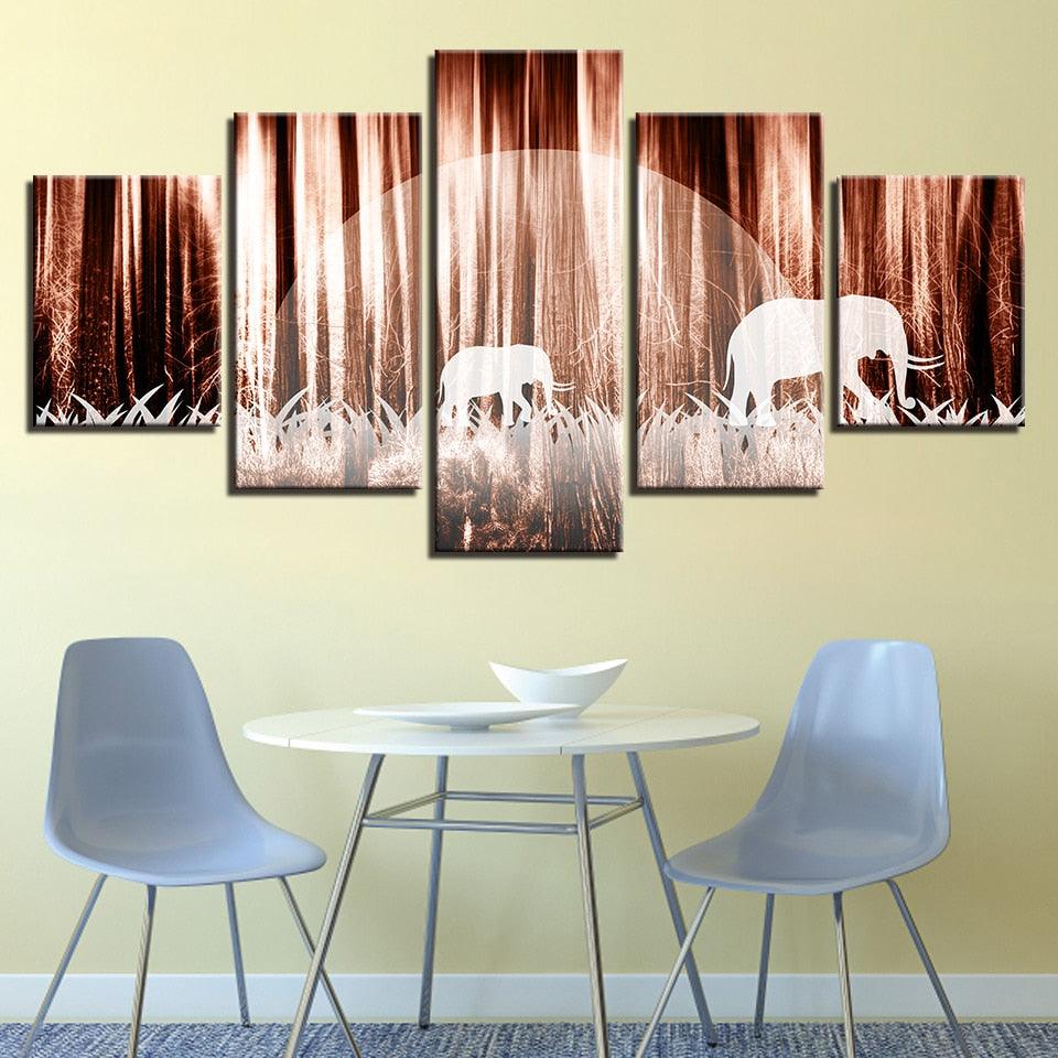 Forest Elephants 5 Piece HD Multi Panel Canvas Wall Art Frame - Original Frame