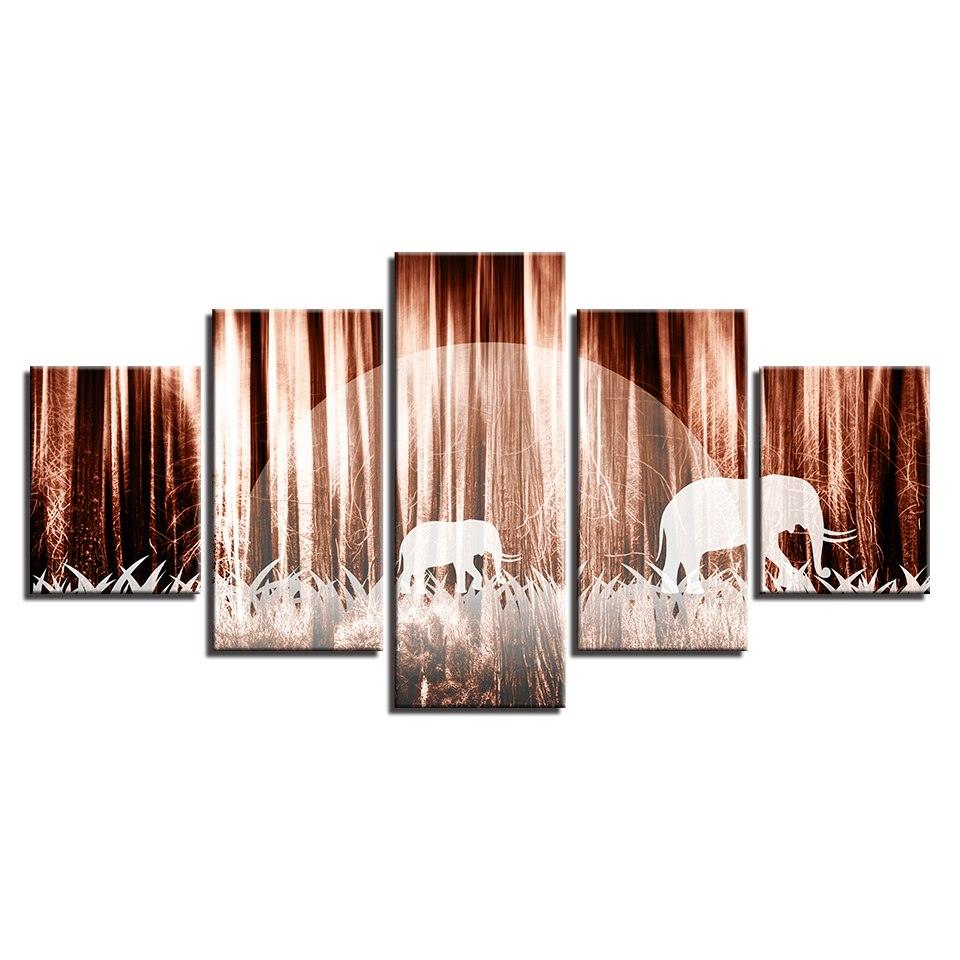 Forest Elephants 5 Piece HD Multi Panel Canvas Wall Art Frame - Original Frame