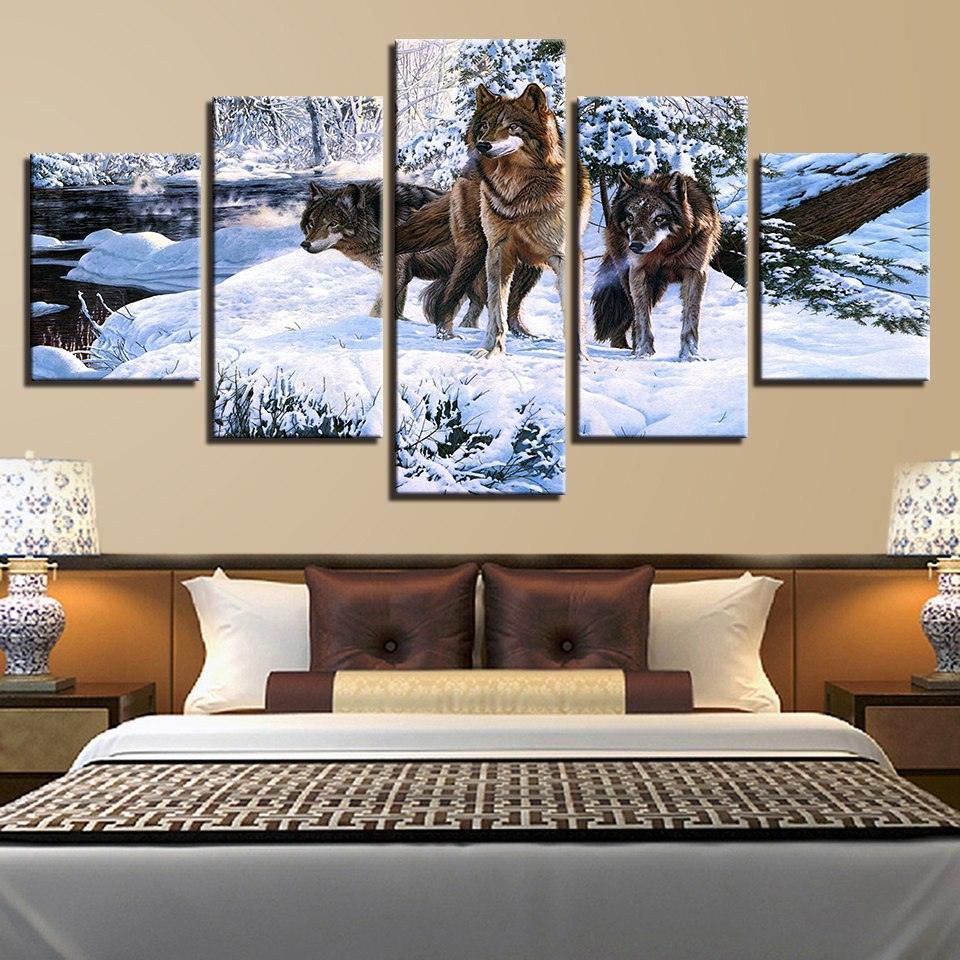 Snow Wolf Pack 5 Piece HD Multi Panel Canvas Wall Art Frame - Original Frame