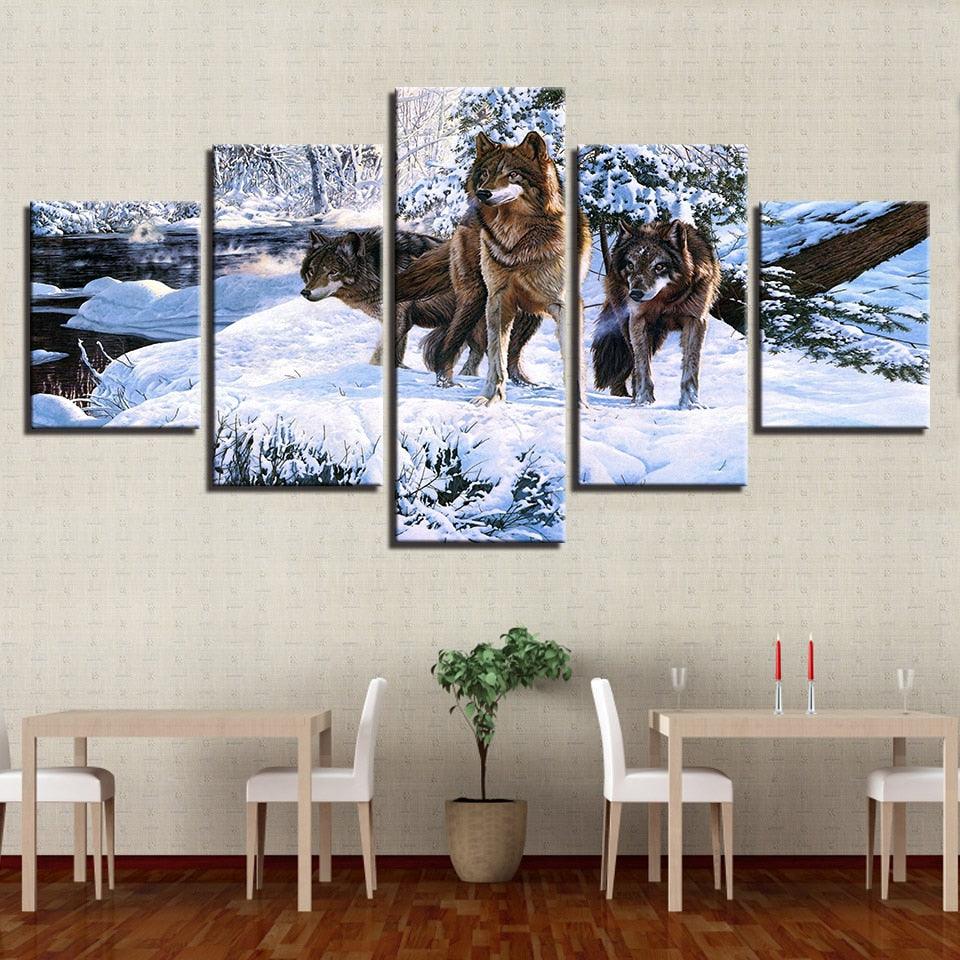 Snow Wolf Pack 5 Piece HD Multi Panel Canvas Wall Art Frame - Original Frame