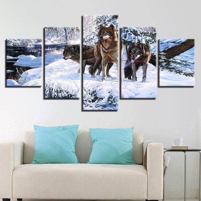 Snow Wolf Pack 5 Piece HD Multi Panel Canvas Wall Art Frame - Original Frame