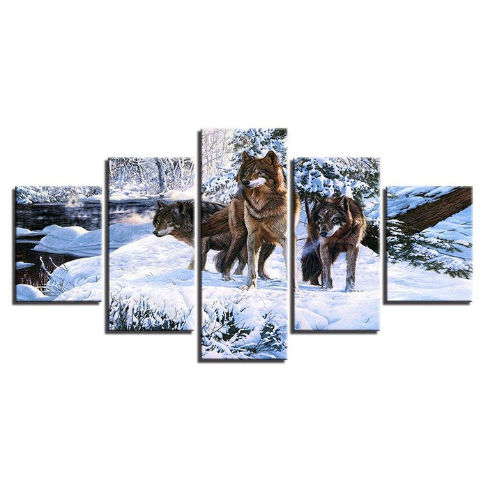 Snow Wolf Pack 5 Piece HD Multi Panel Canvas Wall Art Frame - Original Frame