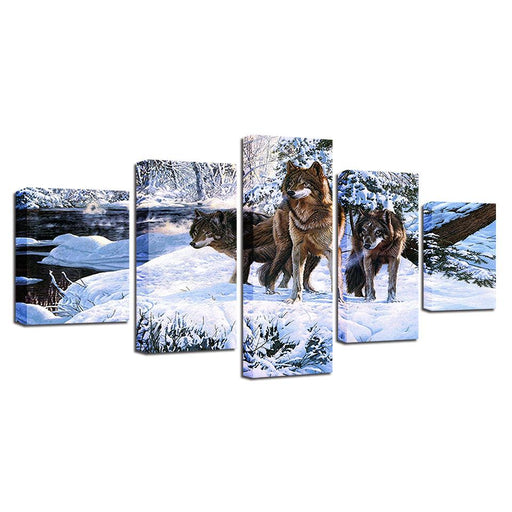 Snow Wolf Pack 5 Piece HD Multi Panel Canvas Wall Art Frame - Original Frame