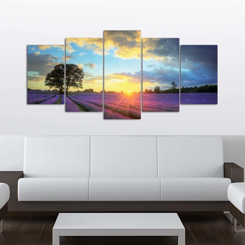 Lavender Flower Field 5 Piece HD Multi Panel Canvas Wall Art Frame - Original Frame