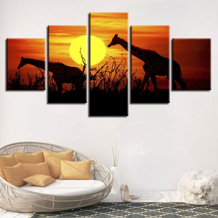 Sunset Forest Giraffes 5 Piece HD Multi Panel Canvas Wall Art Frame - Original Frame