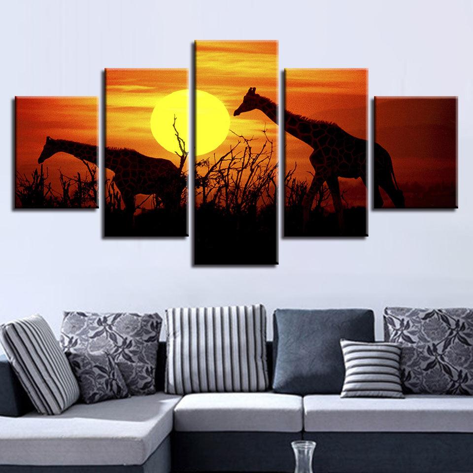 Sunset Forest Giraffes 5 Piece HD Multi Panel Canvas Wall Art Frame - Original Frame