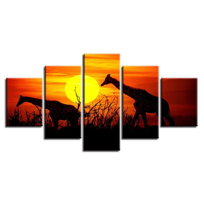 Sunset Forest Giraffes 5 Piece HD Multi Panel Canvas Wall Art Frame - Original Frame