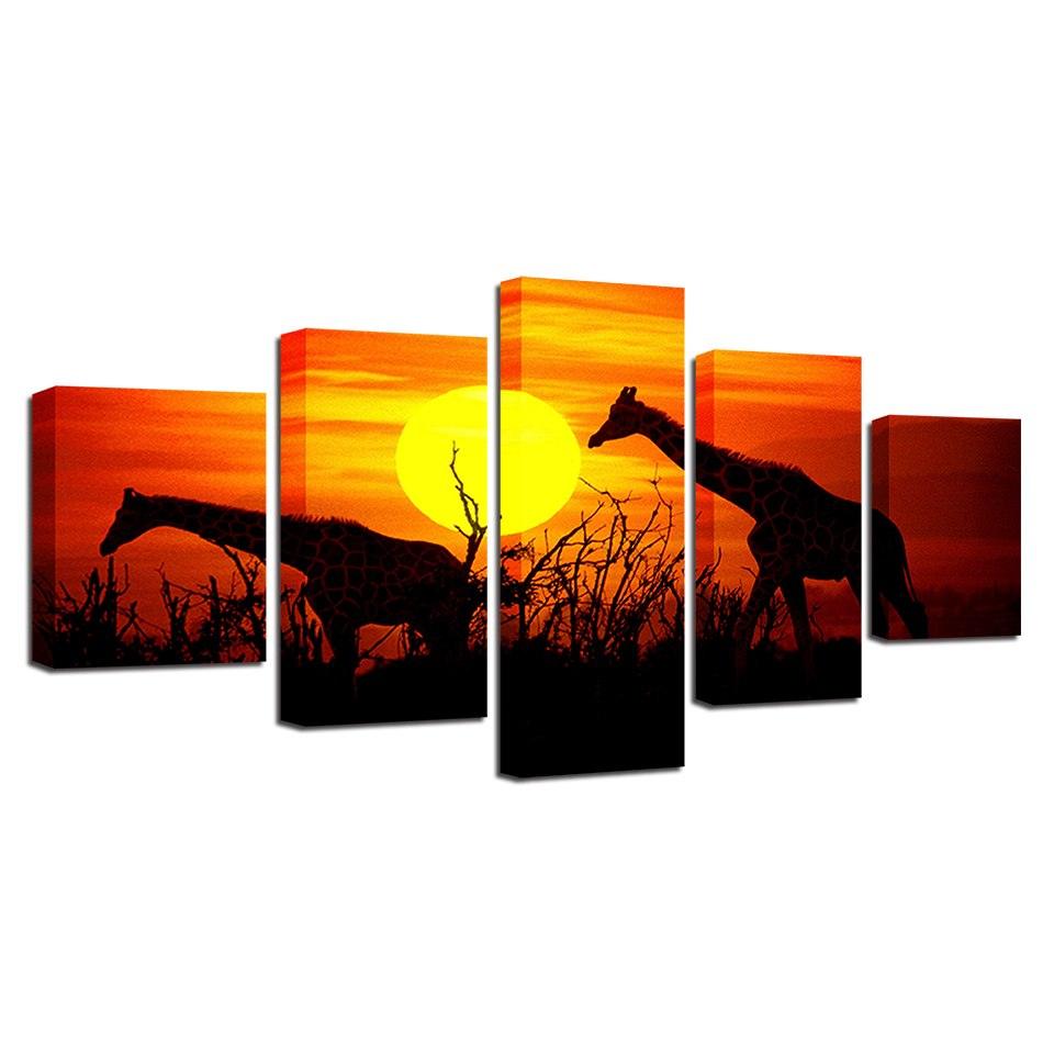 Sunset Forest Giraffes 5 Piece HD Multi Panel Canvas Wall Art Frame - Original Frame