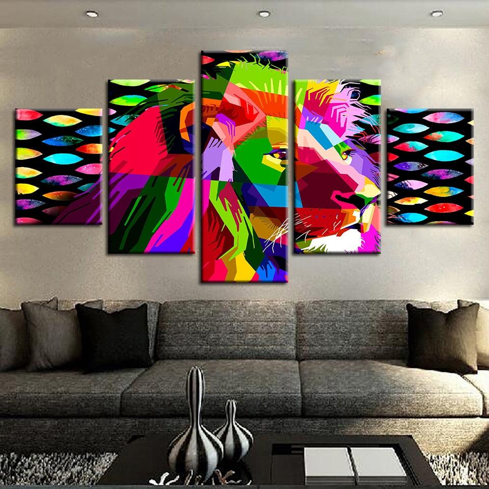 Rainbow Lion 5 Piece HD Multi Panel Canvas Wall Art - Original Frame