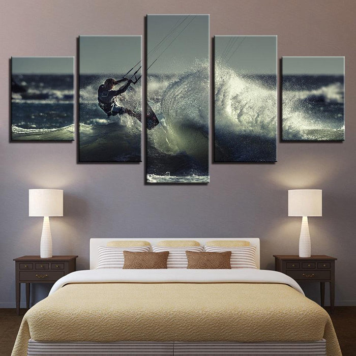 Surfing Waves 5 Piece HD Multi Panel Canvas Wall Art Frame
