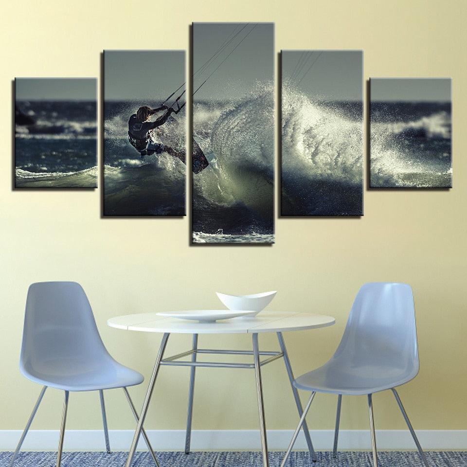 Surfing Waves 5 Piece HD Multi Panel Canvas Wall Art Frame - Original Frame