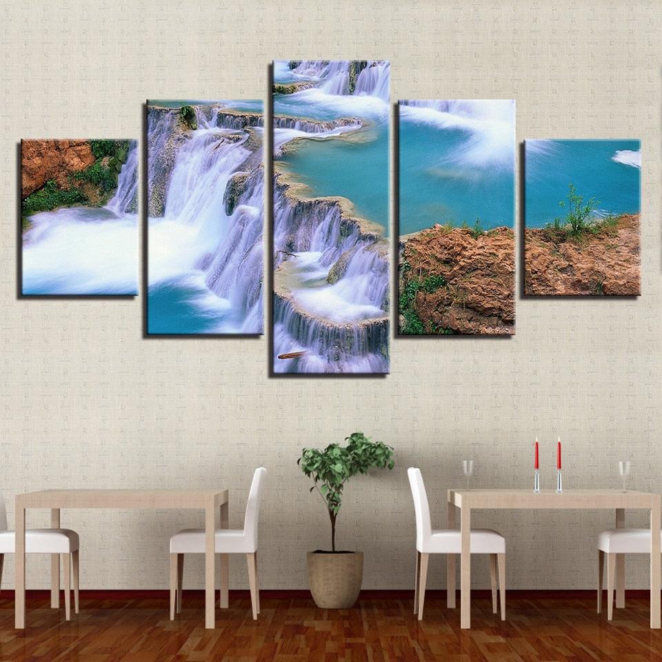 Natural Waterfall Landscape 5 Piece HD Multi Panel Canvas Wall Art Frame - Original Frame