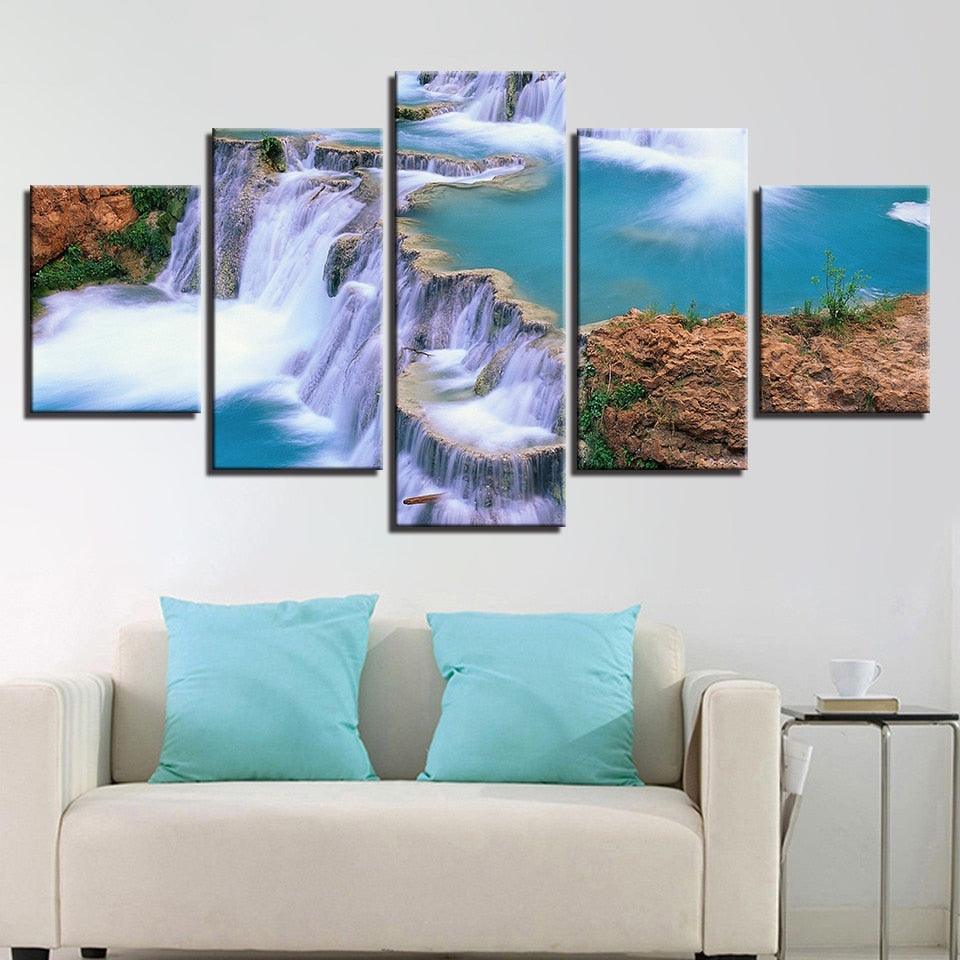 Natural Waterfall Landscape 5 Piece HD Multi Panel Canvas Wall Art Frame - Original Frame