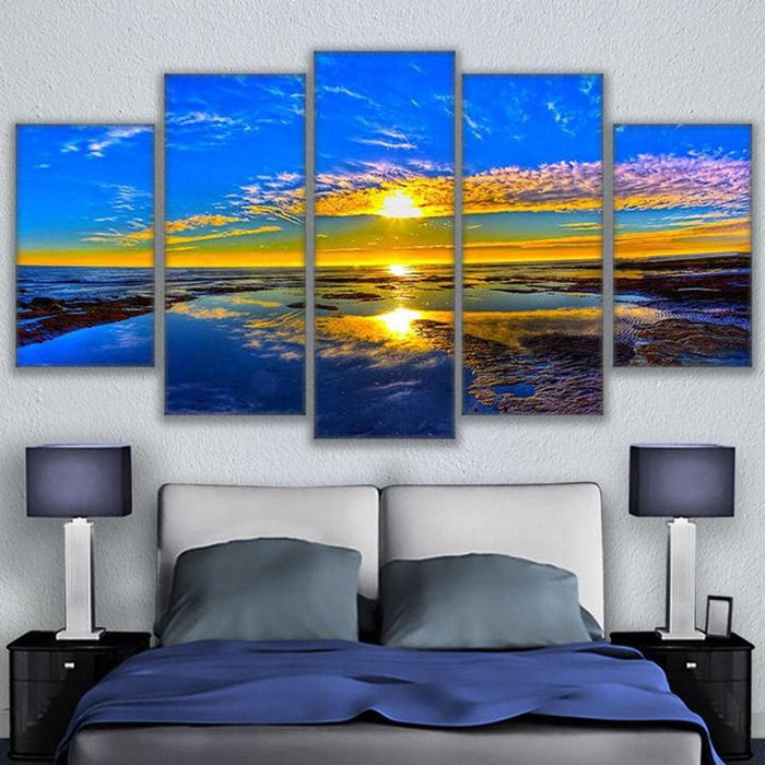 Ocean Sunset 5 Piece HD Multi Panel Canvas Wall Art Frame