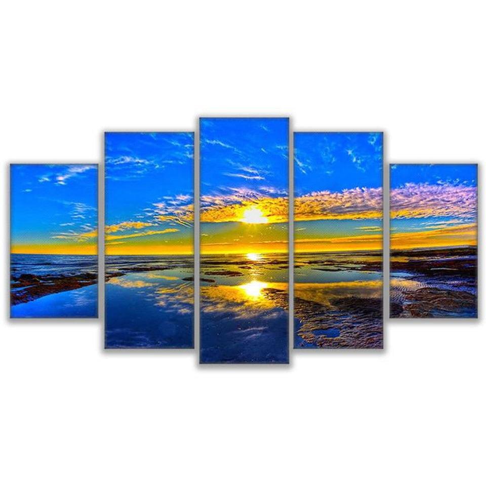 Ocean Sunset 5 Piece HD Multi Panel Canvas Wall Art Frame - Original Frame