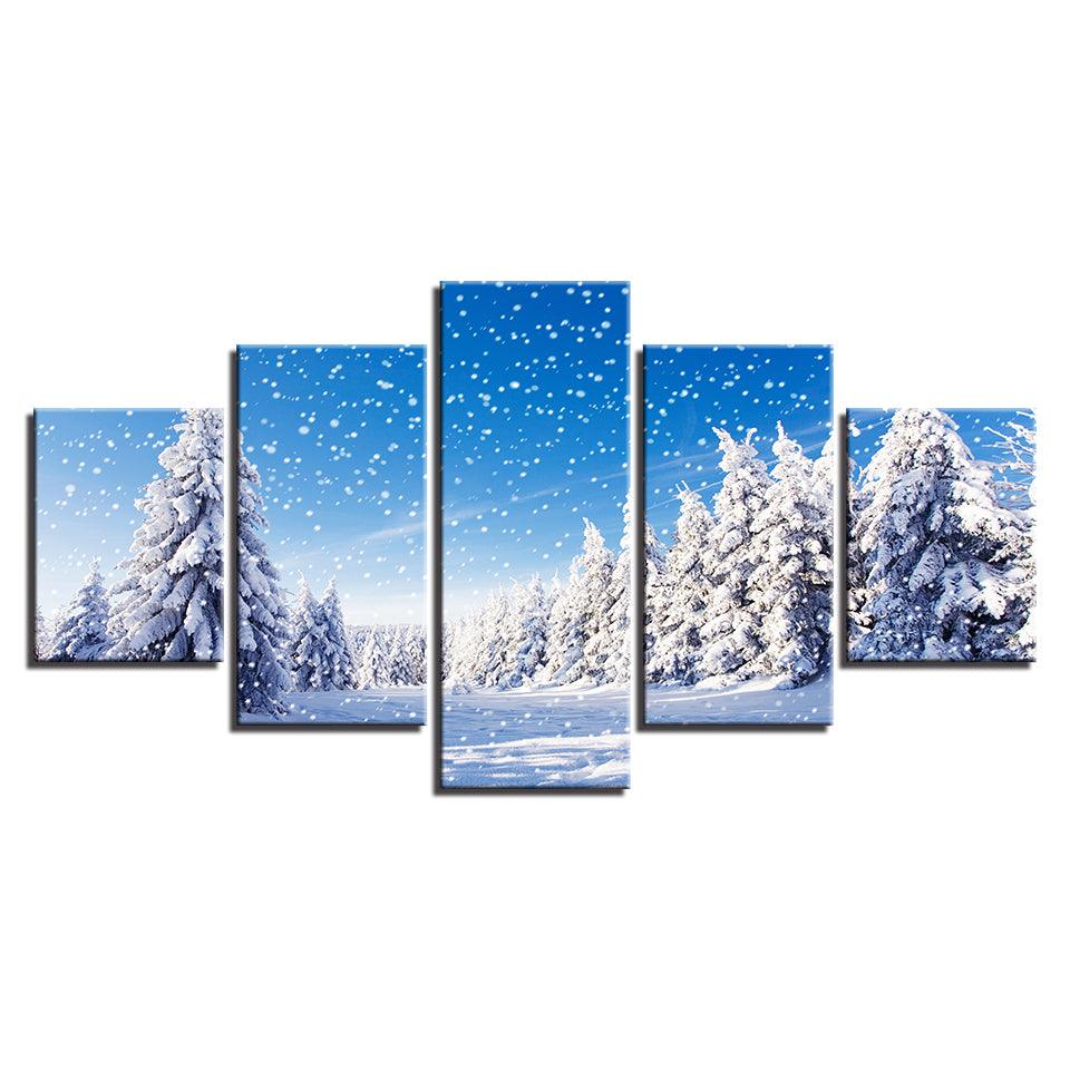 Snowy Winter 5 Piece HD Multi Panel Canvas Wall Art Frame - Original Frame