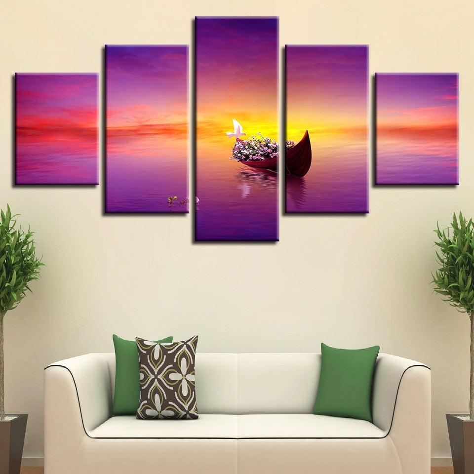 Sunset Ship 5 Piece HD Multi Panel Canvas Wall Art Frame - Original Frame
