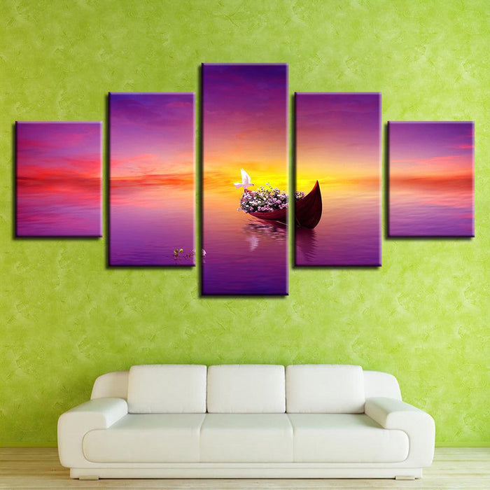 Sunset Ship 5 Piece HD Multi Panel Canvas Wall Art Frame - Original Frame