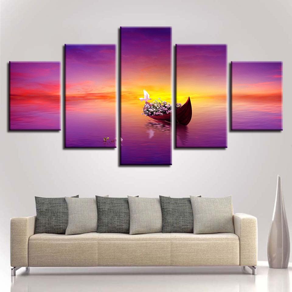 Sunset Ship 5 Piece HD Multi Panel Canvas Wall Art Frame - Original Frame