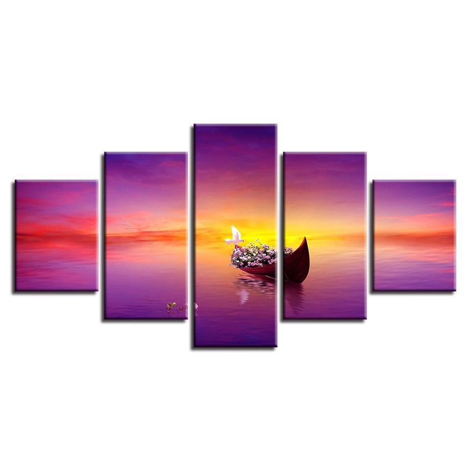 Sunset Ship 5 Piece HD Multi Panel Canvas Wall Art Frame - Original Frame