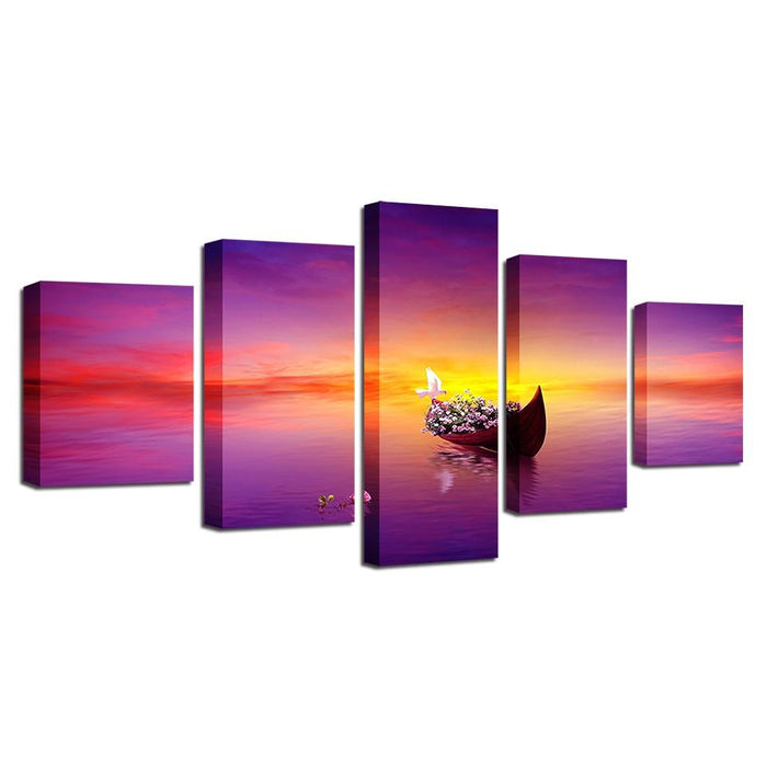 Sunset Ship 5 Piece HD Multi Panel Canvas Wall Art Frame - Original Frame